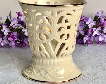 Lenox Candle Holder with 24k Gold Trim & Open Scrollwork, Versailles Pattern, Embossed Bone China, Small Reticulated Vase, Tealight Holder