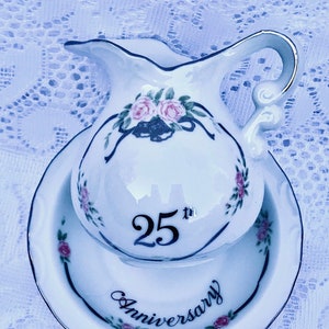 Lefton Dainty Pitcher Set, Pink Roses with Silver Bells Ribbons and Trim, Creamer, Open Sugar Bowl, Pitcher & Basin, 25th Anniversary Gift