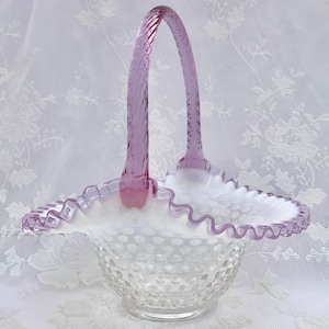 Rare Fenton 11&quot; Art Glass Basket, Lavender Pink Crest Ribbed Handle & Crimped Ruffled Rim, White Opalescent Center, Clear Hobnail Base