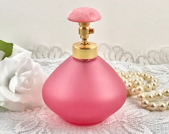 Decorative Pink Perfume Bottle, Frosted Glass, Unique Shape, Gold Tone, Pink Bedroom Decor, Vanity Table Decor, Empty Vintage Perfume Bottle