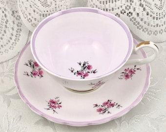 Pink Roses Tea Cup, Lavender Pink & White Teacup with Deep Lavender Pink Trim, Signed by Susie Cooper, Bridal Shower Tea, Tea Party Decor