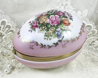 Egg Jewelry Box, Bouquet of Flowers, Gold Overlay & Trim, Pink Porcelain Trinket Box, Easter Egg Ring Box, Vintage Vanity Table Decor