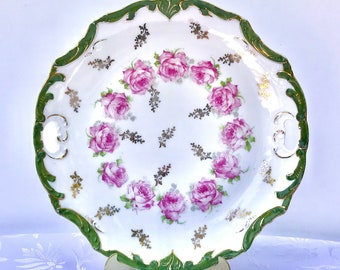 Pink Floral Plate, Wreath of Pink Roses, Cut-Out Handles, Scalloped Rim, Overlaid Gold Details, Tea Party Dessert Dish, Bridal Shower Table