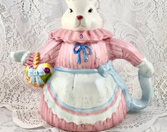 Mother Bunny Teapot, Hand-Painted White Rabbit in Pink Dress, Basket of Flowers, Baby Girl Shower, Mother's Day Tea, Spring Dessert Party