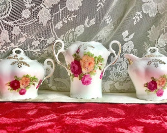 Antique Creamer Sugar Bowl & Vase Set, Pink and Yellow Flowers, Creamer, Sugar Bowl, Vase, 5-Piece Tea Set, Tea Party Table, Victorian Decor