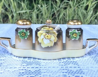 Antique Noritake Condiment Set, Hand-Painted Flowers, Collectible 6-Piece Serving Set, Mustard/Sugar Pot, Spoon, Salt & Pepper Shakers, Tray