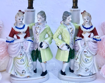Courting Couples Lamp Set, Hand-Painted Porcelain French Man & Woman, Gold Trim, Set of 2 Figural Vintage Lamps, Victorian Inspired Decor
