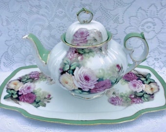 Rare Roses Teapot & Tray, Multicolor Roses, Jade Trim, Gold Scalloped Rims, Bridal Tea Centerpiece, Garden Tea Party, Mother's Day Tea