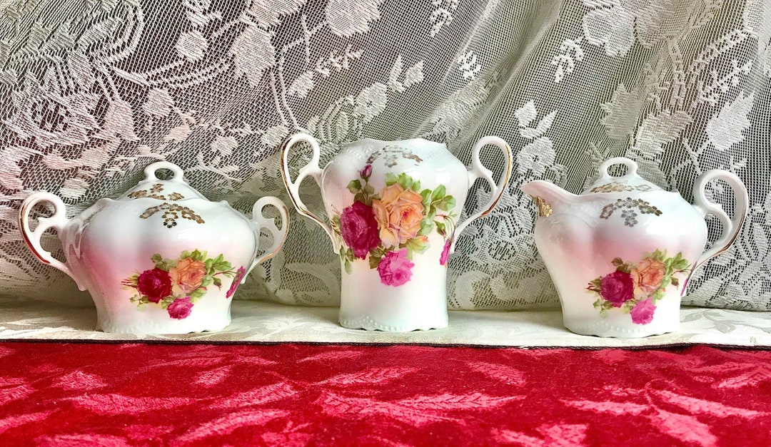 Antique Tea Serving Set, Pink and Yellow Flowers, Creamer, Sugar Bowl ...