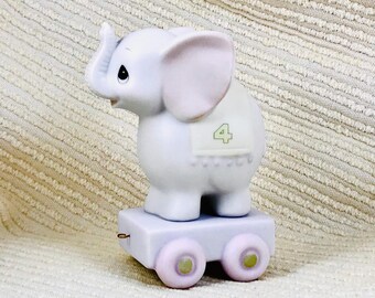 Baby Elephant Figurine, Precious Moments Birthday Train Series, 1985 Hand-Painted Bisque Porcelain 4th Birthday Cake Topper, Gift for Child