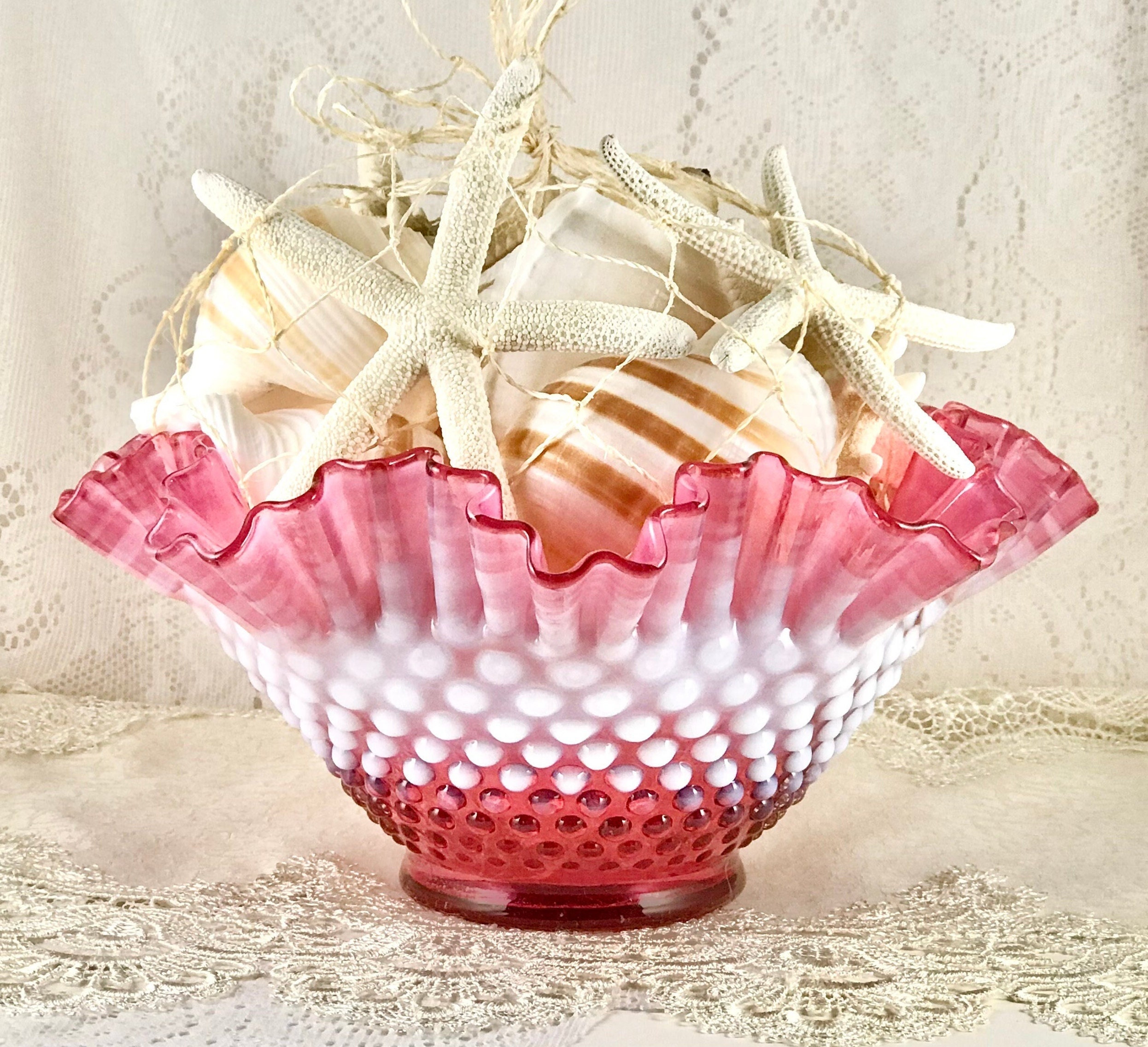 フェントン　クランベリーホブネイルオパルセント　フリルエッジ　ラージガラスボウル フェントン クランベリーホブネイルオパルセント フリルエッジ