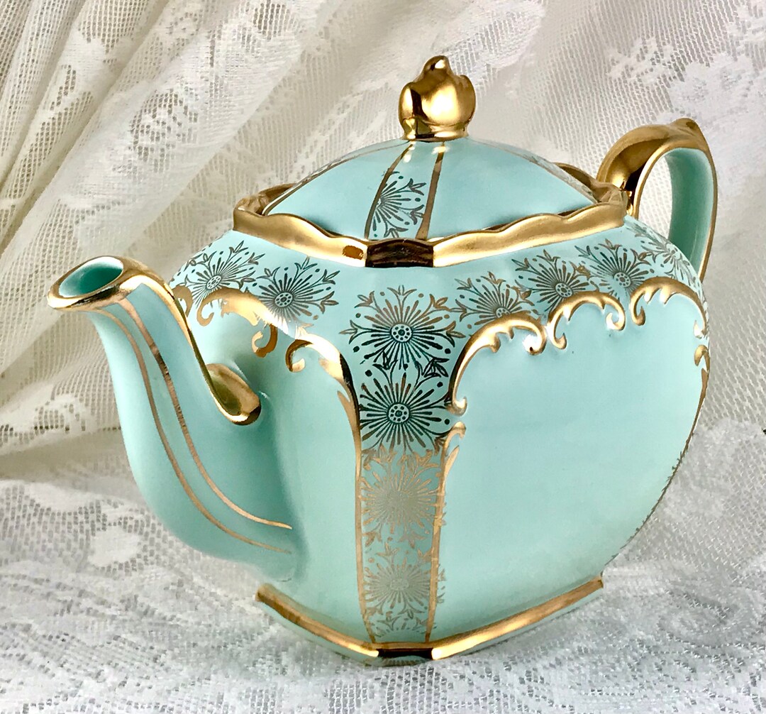 Sadler Turquoise Teapot, Heavy Gold Trim & Floral Details, Rare 1930s English Cube Teapot