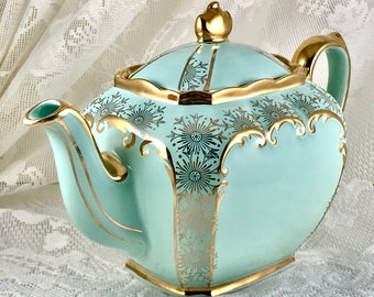 Sadler Turquoise Teapot, Heavy Gold Trim & Floral Details, Rare 1930s English Cube Teapot, Bridal Shower Tea, Dessert Party, Mothers Day Tea