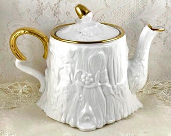 Royal Stafford Teapot: 22 Karat Gold Trim, White English Bone China, Embossed Oak Tree Bark, Wedding Teapot, Vintage White Tea Ware