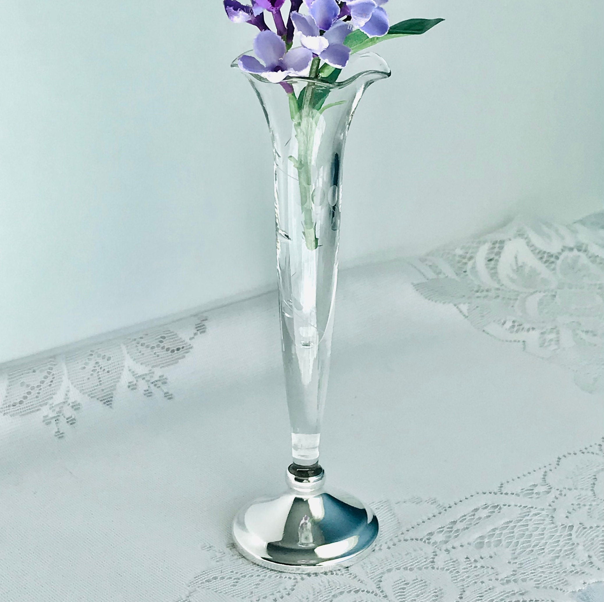 Sterling Silver & Etched Glass Bud Vase Vintage Floral Vase Etsy