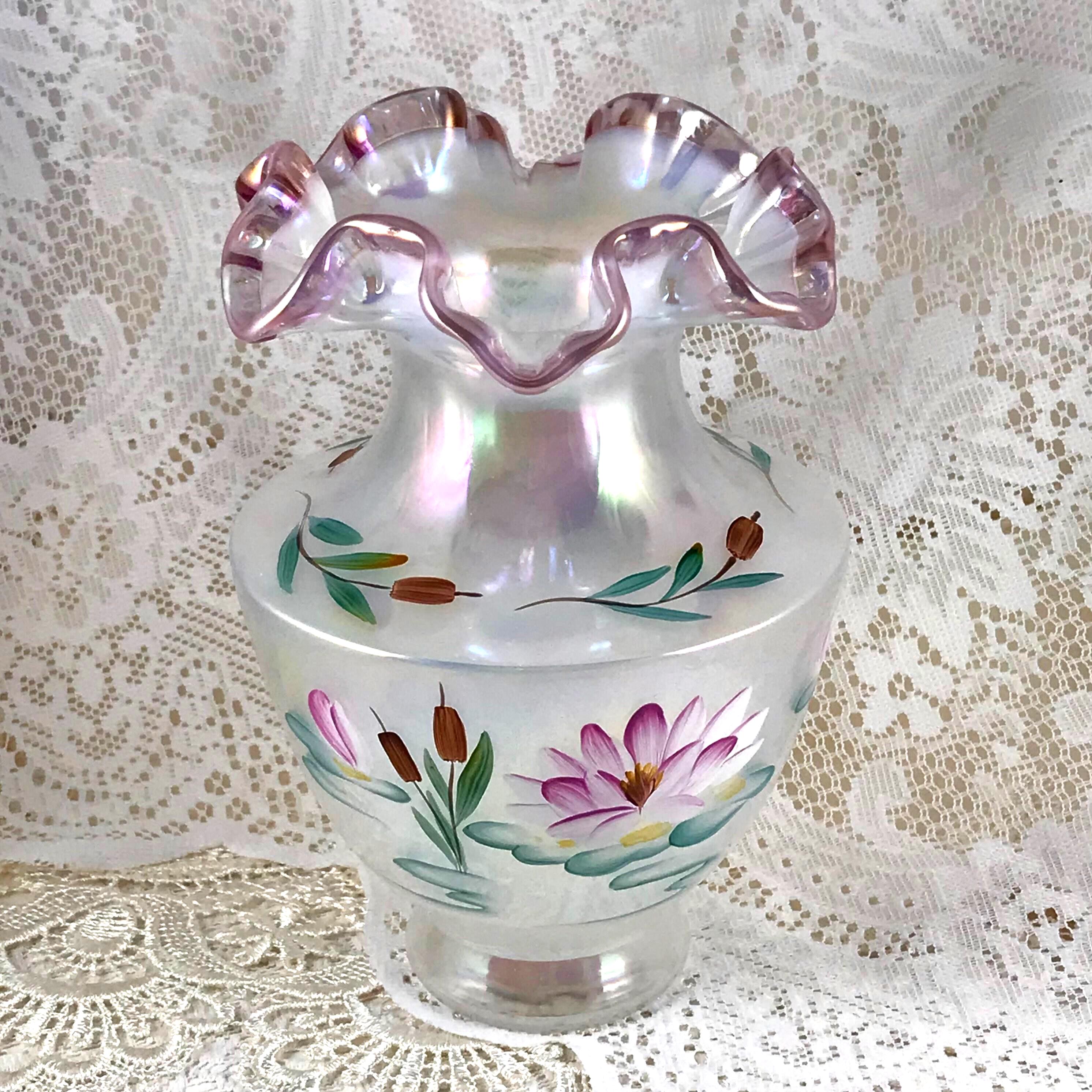 Rare Fenton Vase, Hand-painted Water Lilies, Lavender Crest Rim