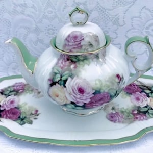 Rare Roses Teapot & Tray, Multicolor Blooming Roses, Jade Trim, Gold Scalloped Rims, Tea Party Teapot, Bridal Shower Brunch, Tea Centerpiece