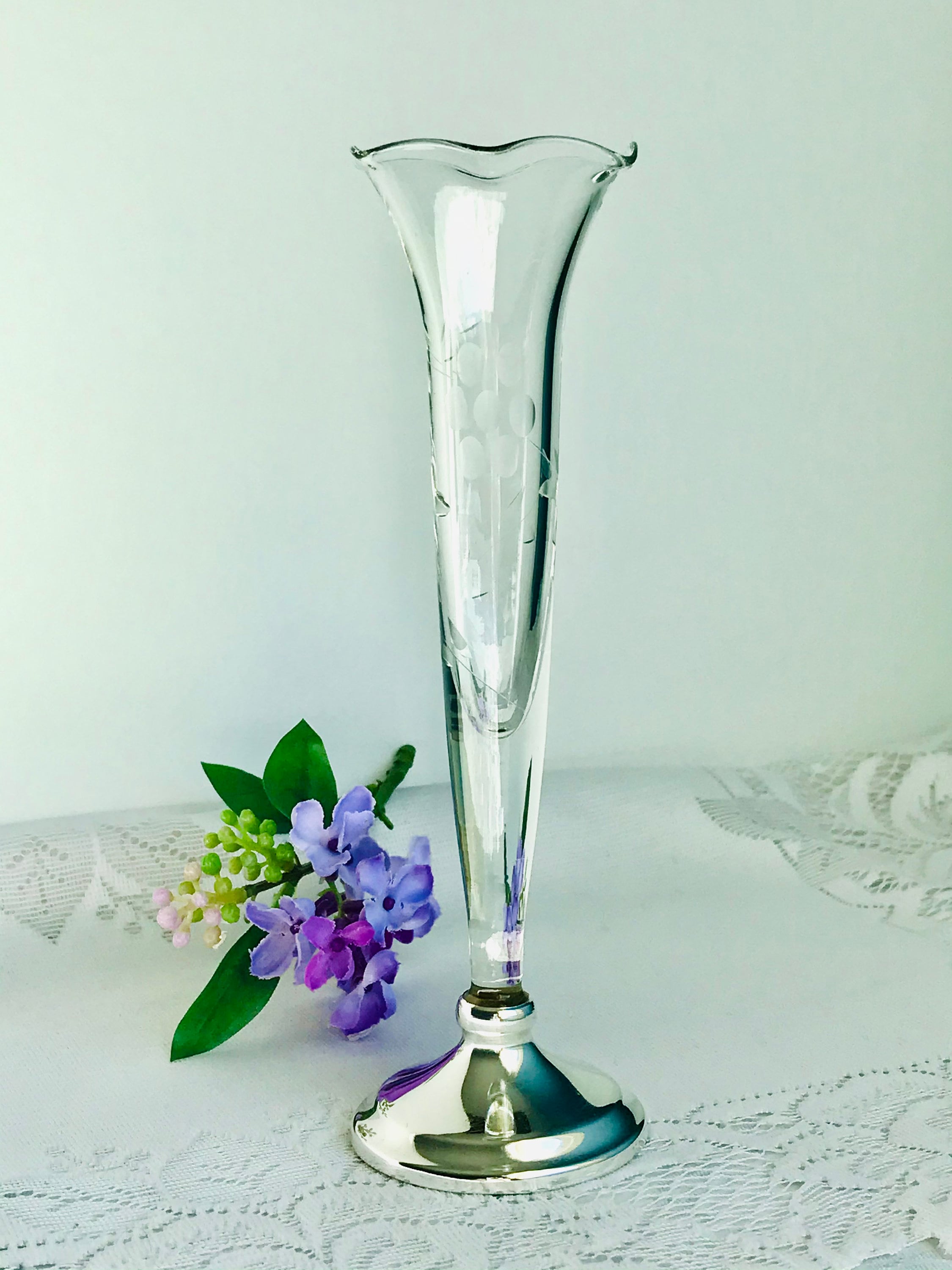 Sterling Silver & Etched Glass Bud Vase Vintage Floral Vase Etsy