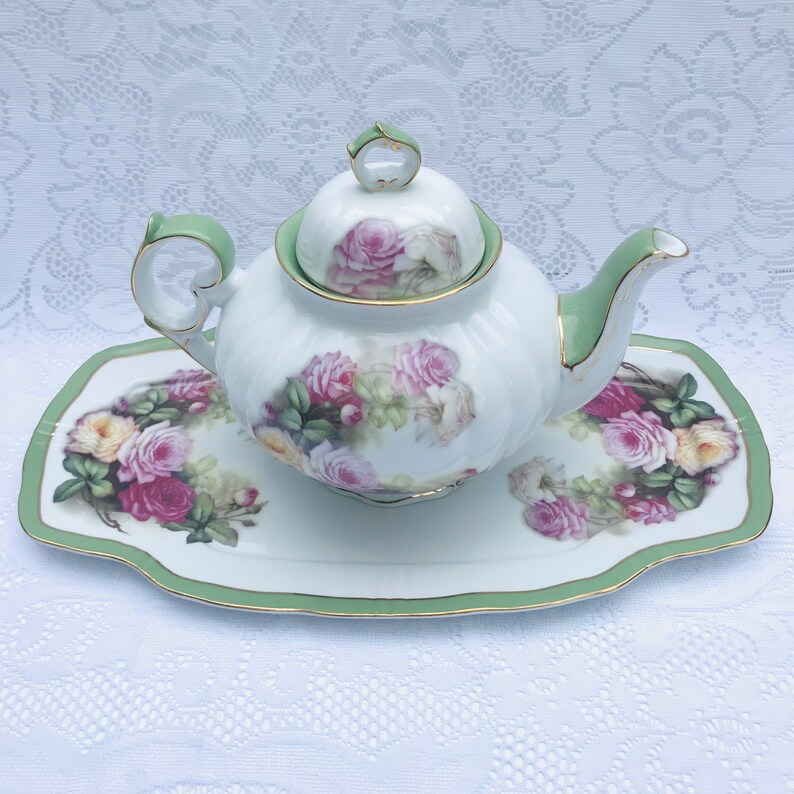 Floral Teapot Set Large Teapot & Tray Pink and Yellow Roses Etsy