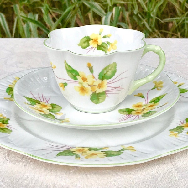 Shelley Primrose Tea Cup Trio, Spring Green Handle & Trim, Raspberry Stems, English Fine Bone China, Dainty Shape, Full Size Luncheon Plate