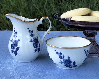 Country Creamer and Sugar Bowl, Dainty Blue Flowers, Gold Trim, White English Fine Bone China, Tea Party Table, Kitchen Decor, Creamer Set