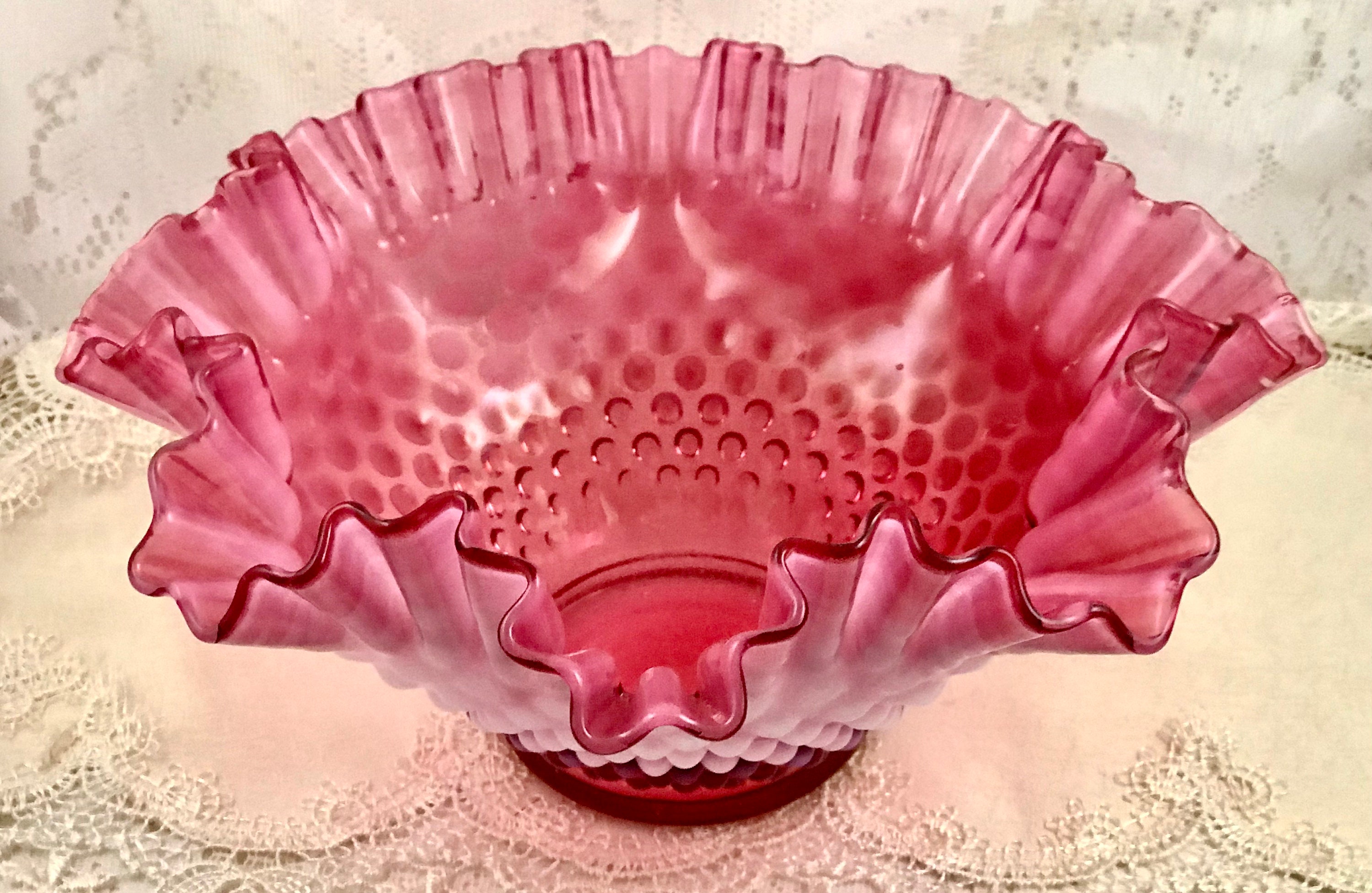 Fenton Pink Opalescent Hobnail Bowl: Cranberry and Pink Ruffled