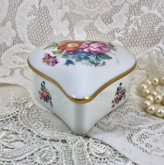 Limoges Jewelry Box, Hand Painted Flowers, Heart Shap… Gem