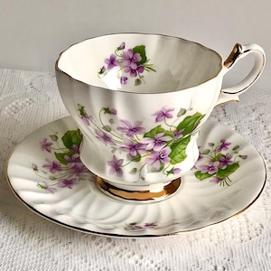Violets Tea Cup Set, Dainty Purple & Lavender Flowers, Embossed Design, Gold Trim, English Bone China, Tea Party Decor, Elegant Gift for Her