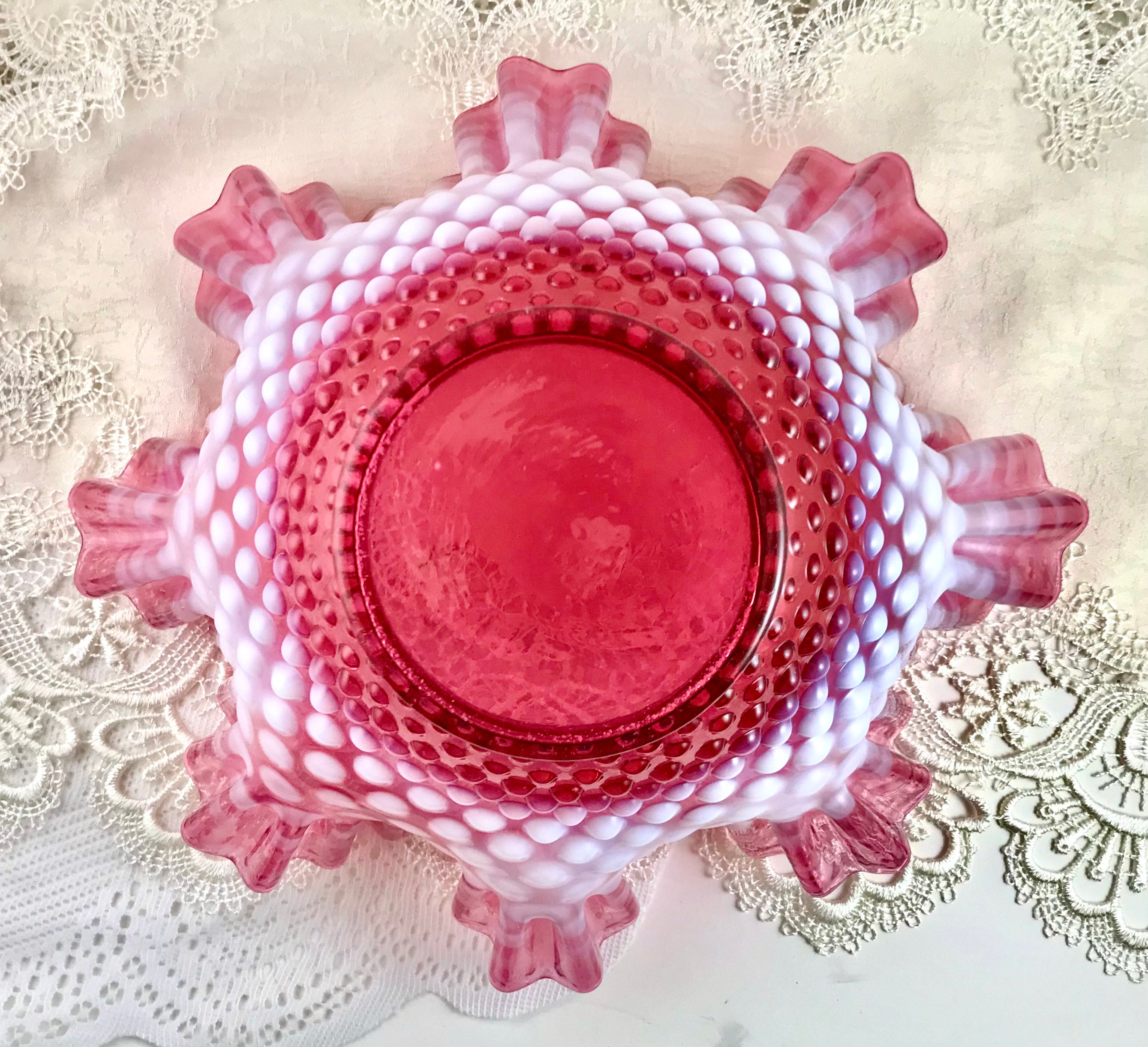 Fenton Pink Opalescent Hobnail Bowl: Cranberry Ruffled Vase