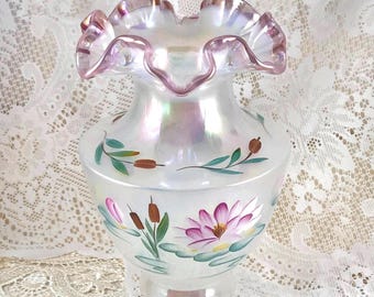 Rare Fenton Vase, Hand-Painted Water Lilies, Lavender Crest Rim, Opalescent Art Glass, Artist Signed, Vintage Home Decor, Gift for Bride