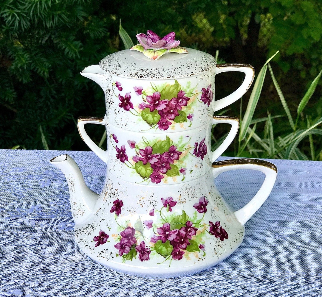 Rare Lefton Teapot Set, Stackable 4piece Tea Set, Handpainted Violets