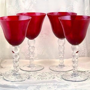 Red Crystal Goblets, Set of 4 Crystal Wine Glasses, Clear Crystal 5-Ball Stems, Ruby Red Stemware, Dinner Table Decor