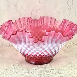 Fenton Pink Opalescent Hobnail Bowl: Cranberry and Pink Ruffled