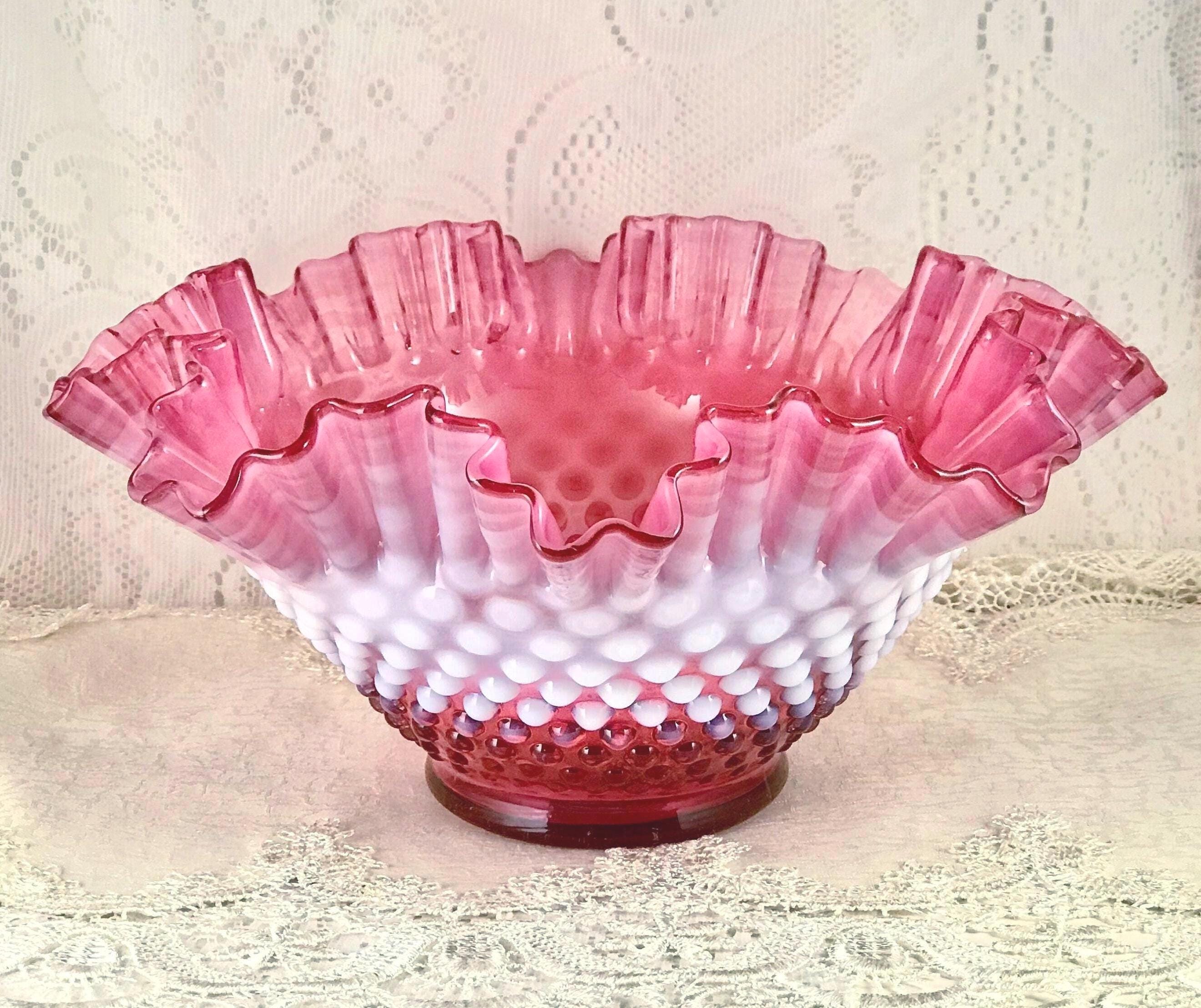 Fenton Pink Opalescent Hobnail Bowl: Cranberry and Pink Ruffled