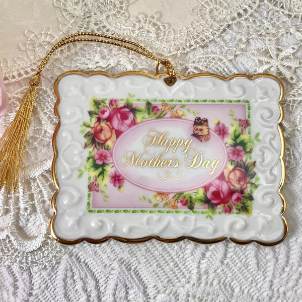 Mother's Day Ornament, Royal Albert Old Country Roses Bone China Custom Postcard, 22C Gold, Happy Mother's Day, Goldtone Stand, Box & Marker