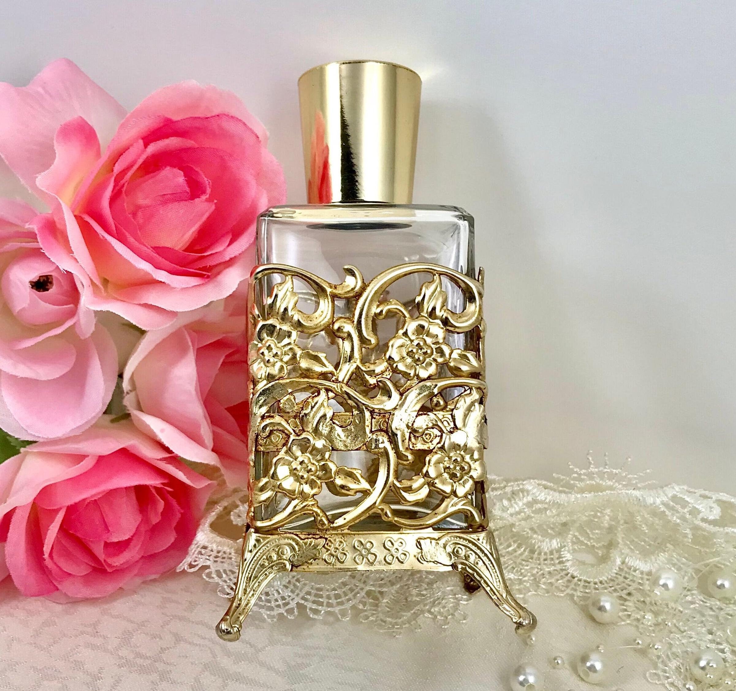 Vintage Perfume Bottle, Gold Ormolu Filigree Footed Base Vintage Perfume Bottle, Gold Ormolu Filigree Footed Base