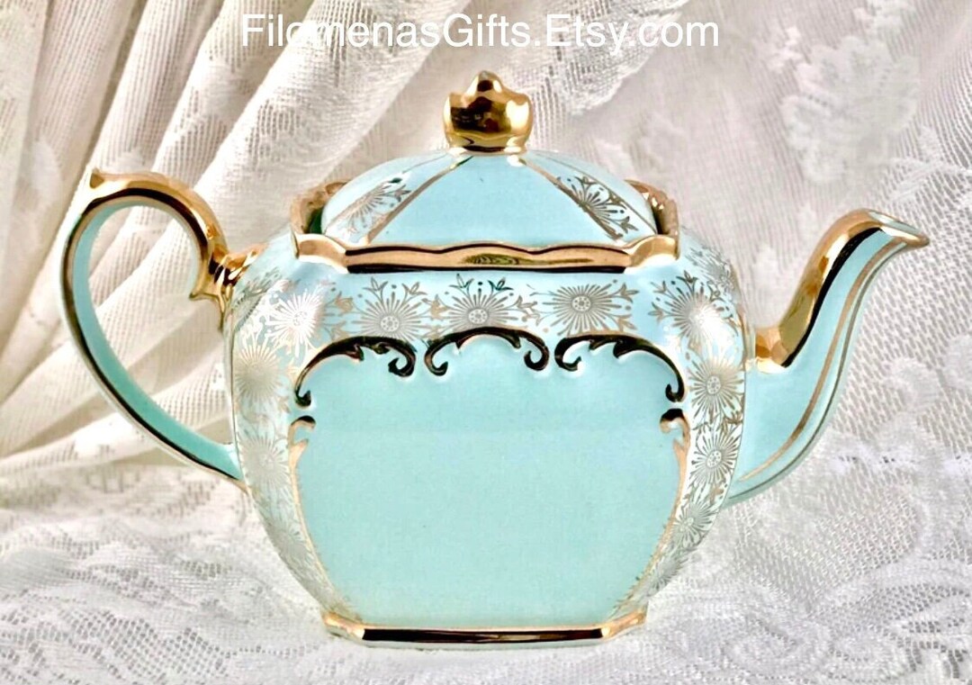 Rare Sadler Turquoise and Gold Cube Teapot, Heavy Gold Floral Details & Trim, 1930s English