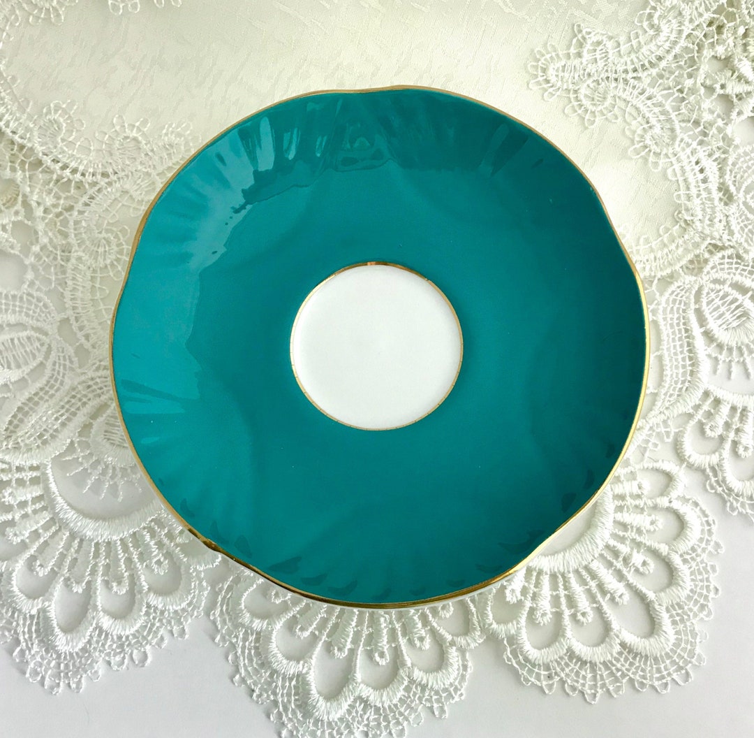 Turquoise English Saucer, Fine Bone China, White Center, Fluted Rim