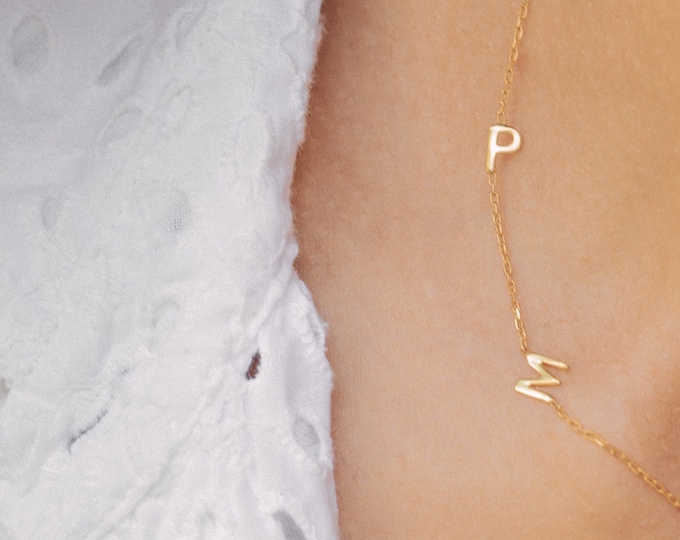 14K Gold Necklace - Personalized Sideways Initials - Christmas Gift - Gifts for Mom - Gold Necklace - Minimalist Look - Letter Necklace
