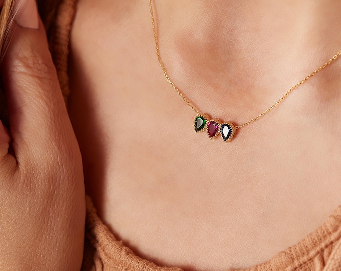 Sterling Silver Teardrop Birthstone Necklace, Family Birthstone Jewelry, Dainty Pear Cut Custom Family Jewelry Gift for Mom