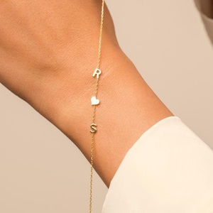 Bracelet lettre initiale en or massif 14 carats - Bracelets de couple personnalisés - Cadeau de Noël - Cadeau de fête des Mères