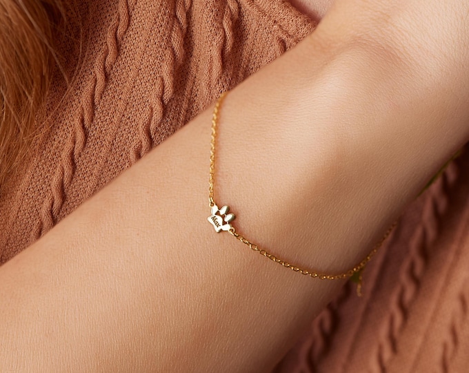 Sterling Silver Paw Print Bracelet Personalized Jewelry Gold Tiny Paw Bracelet Paw Name Bracelet Custom Pet Bracelet Dog Lover Gift