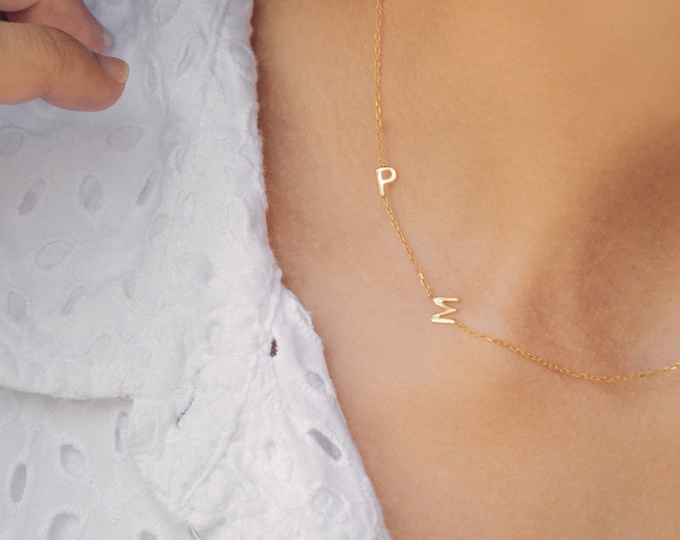 14K Gold Necklace - Personalized Sideways Initials - Christmas Gift - Gifts for Mom - Gold Necklace - Minimalist Look - Letter Necklace