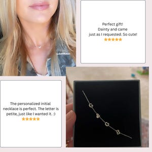 May include: A silver-toned chain necklace featuring small letter charms and a heart charm. One image shows the necklace worn around the neck with a single letter M charm, while another shows a necklace with letters G, B and a heart charm in a box.