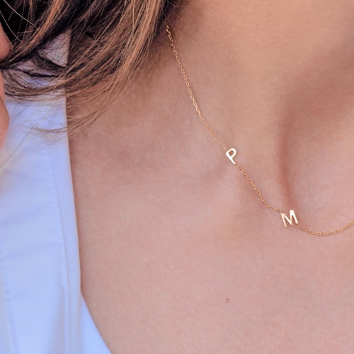 Sideways Necklace - Gold Initials - Christmas Gift - Gifts for Mom - Minimalist Look - Gold Necklace - Bridesmaids Gift - Letter Necklace