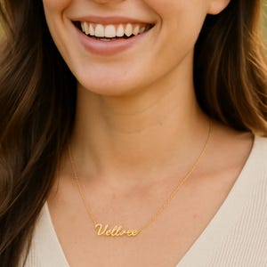 Pu&ograve; includere: Una collana d'oro con il nome "Vellvee" scritto in corsivo.