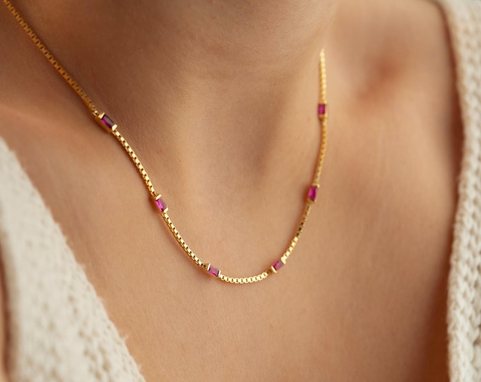 Baguette Birthstone Necklace with Box Chain