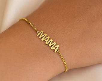 Delicato braccialetto MAMA in argento sterling con nome, braccialetto con iniziale in oro e catena a maglie, regalo per la festa della mamma, regalo di Natale