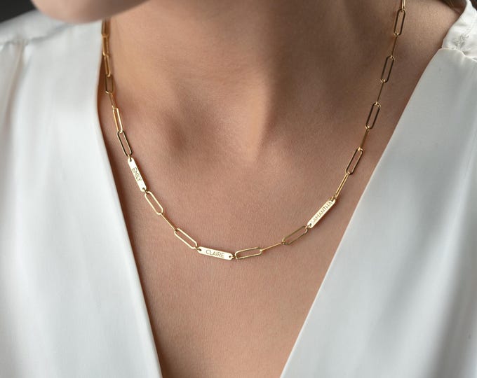 Engraved Tiny Bar Necklace with Paperclip Chain, Mini Name Bar Necklace