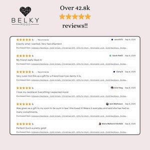 May include: A digital graphic displaying customer feedback for Belky Mood, featuring the text Over 42.8k reviews!! above a list of six five-star ratings. Each entry includes a username, date, and a brief written comment about a gold necklace.